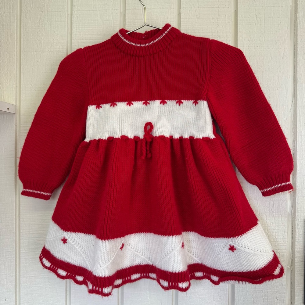 Vintage Sweater Dress baby girl Red White Knit Dress paper tag made in Portugal